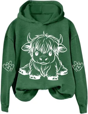 Highland Cow Hoodie Women Loose Fit Pullover Oversized Drawstring Hooded Sweatshirt Cute Streetwear Layering Outfit