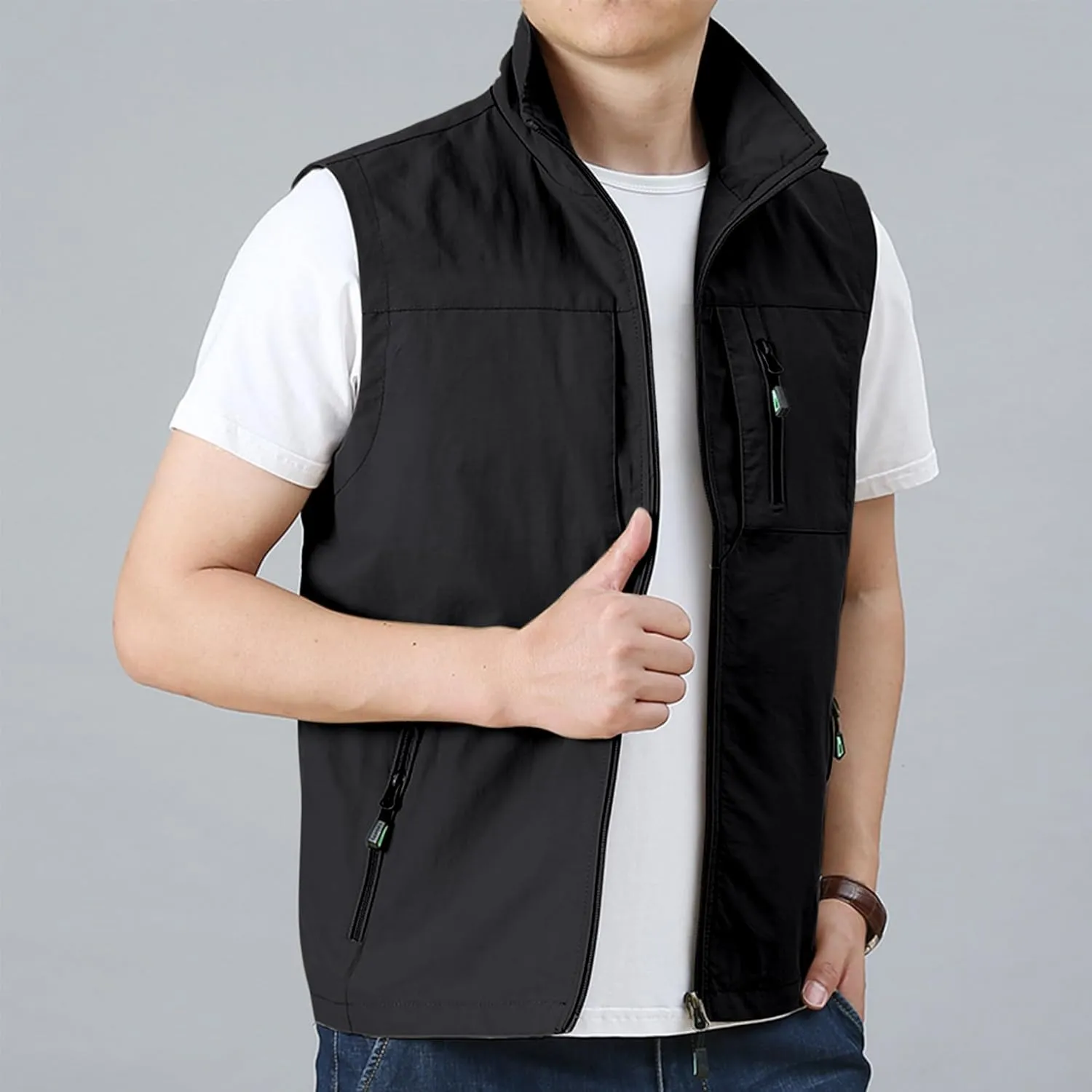 Hixiaohe Mens Lightweight Vest Summer Casual Outdoor Vest Utility Travel Golf Work Zip Sleeveless Jacket with Pockets