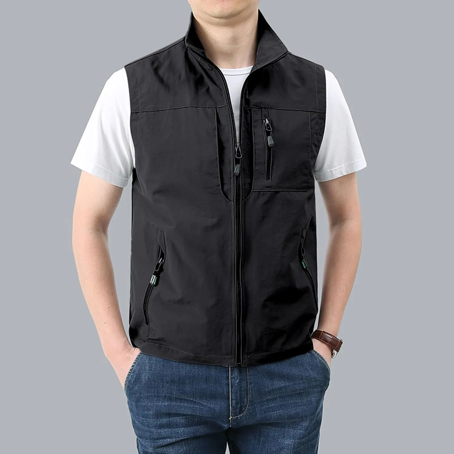 Hixiaohe Mens Lightweight Vest Summer Casual Outdoor Vest Utility Travel Golf Work Zip Sleeveless Jacket with Pockets