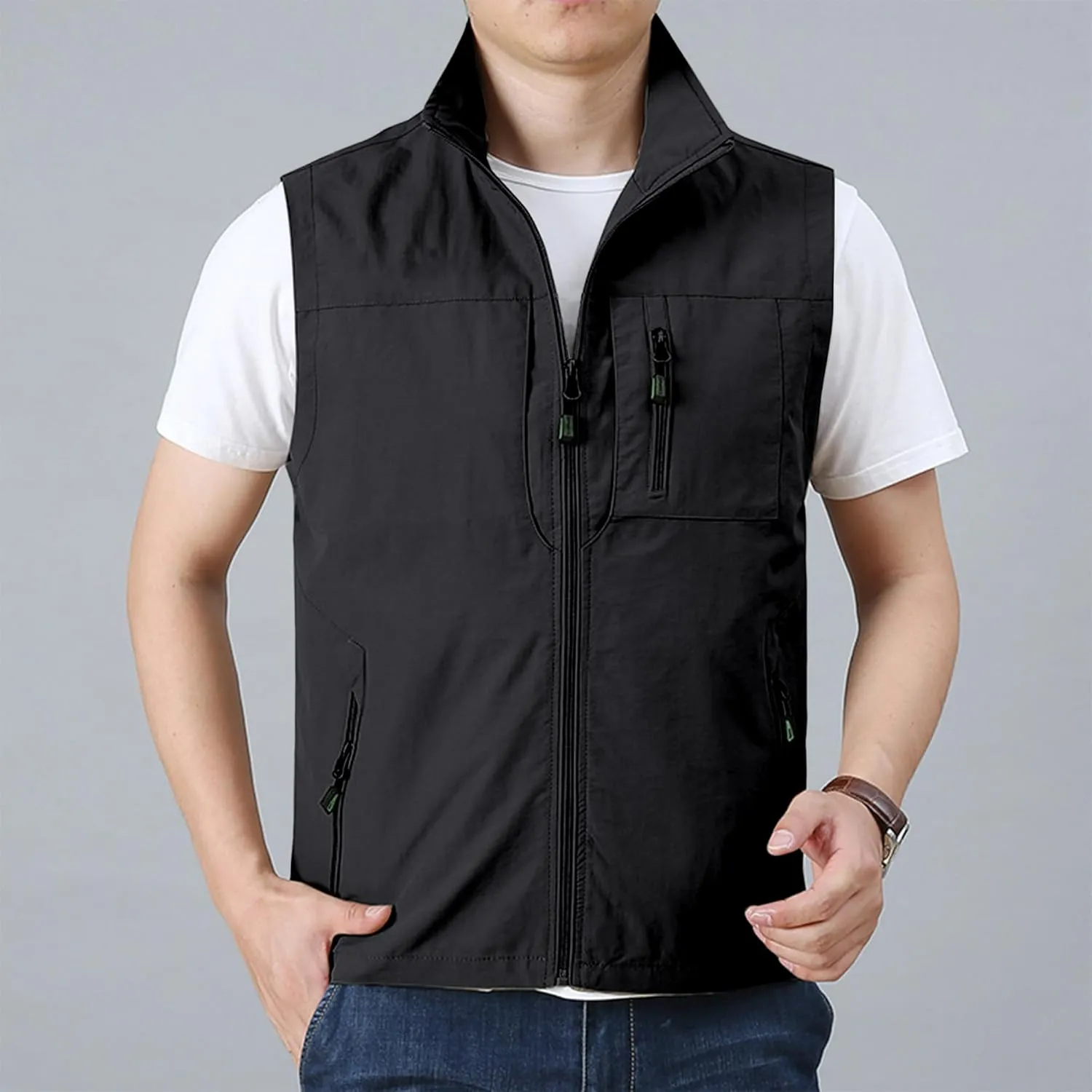 Hixiaohe Mens Lightweight Vest Summer Casual Outdoor Vest Utility Travel Golf Work Zip Sleeveless Jacket with Pockets