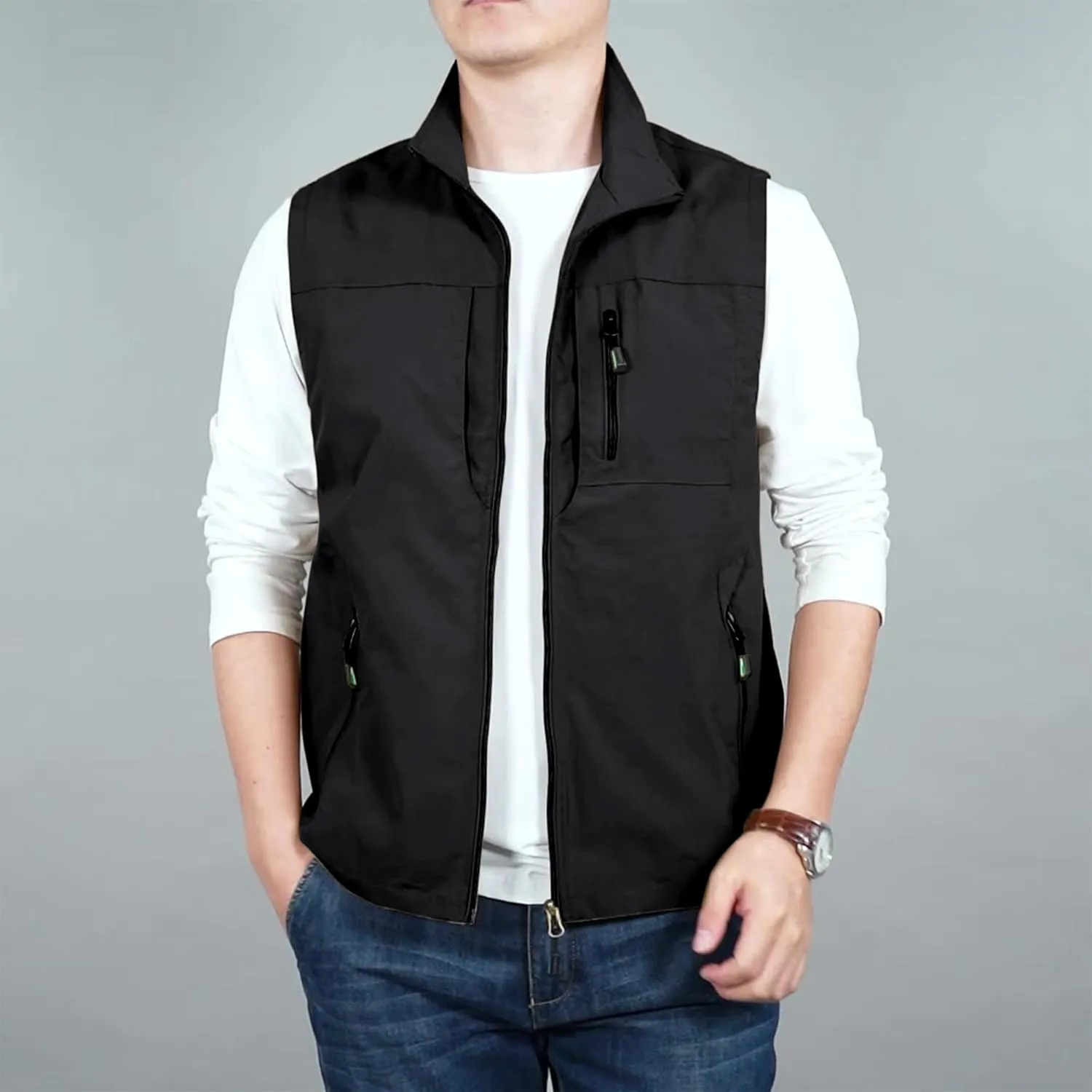Hixiaohe Mens Lightweight Vest Summer Casual Outdoor Vest Utility Travel Golf Work Zip Sleeveless Jacket with Pockets
