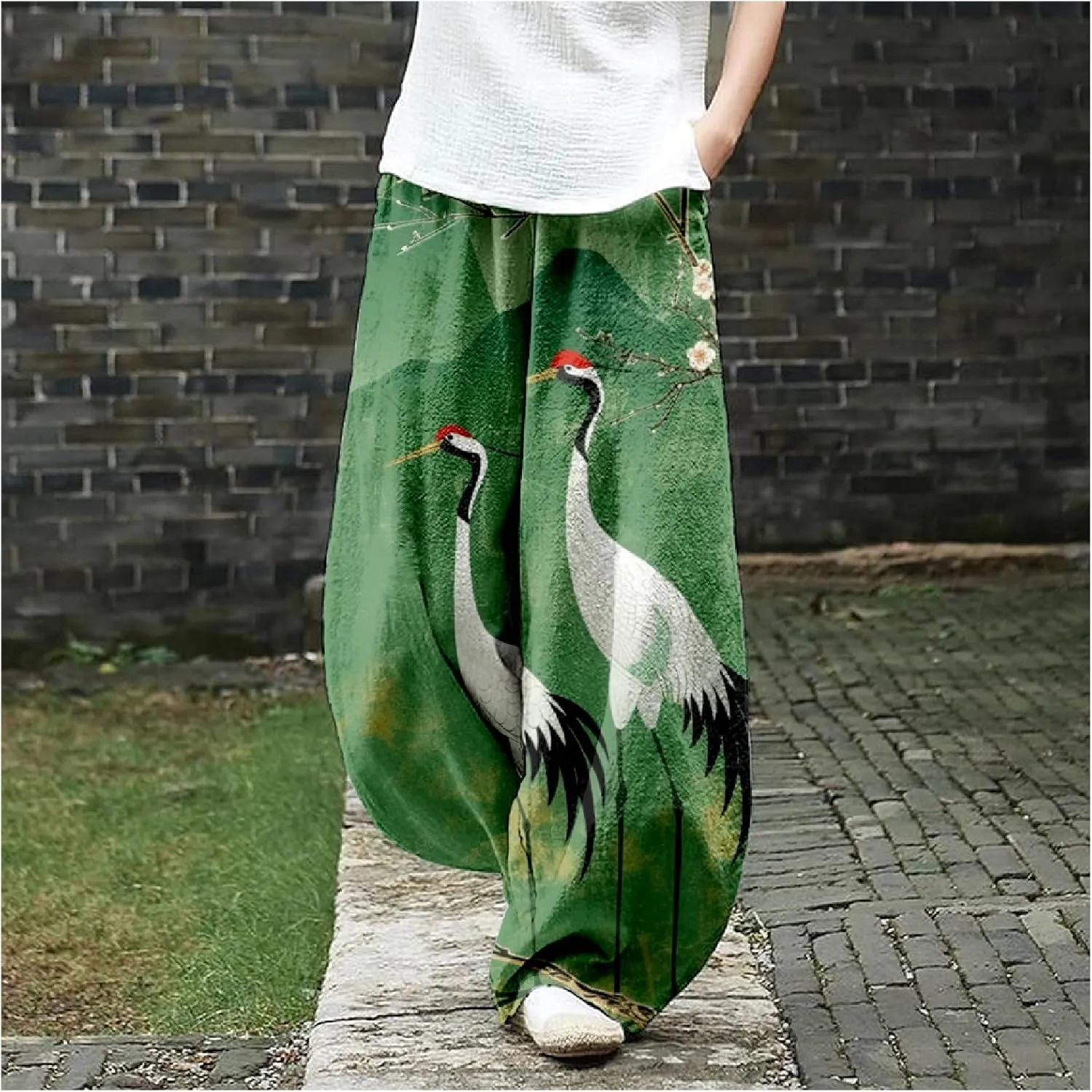 HOTYD Wide Leg Lantern Pants for Women Boho Floral Printed Low Rise Casual Pants Elastic Waist Baggy Trousers with Pockets