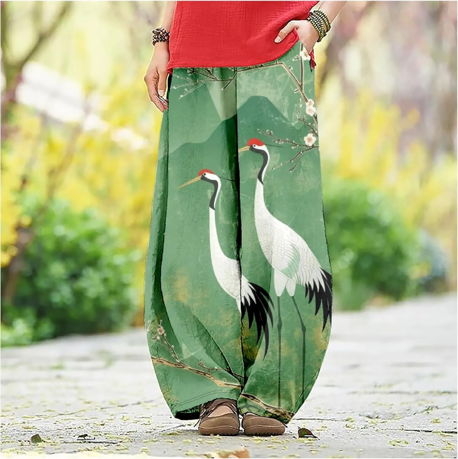 HOTYD Wide Leg Lantern Pants for Women Boho Floral Printed Low Rise Casual Pants Elastic Waist Baggy Trousers with Pockets