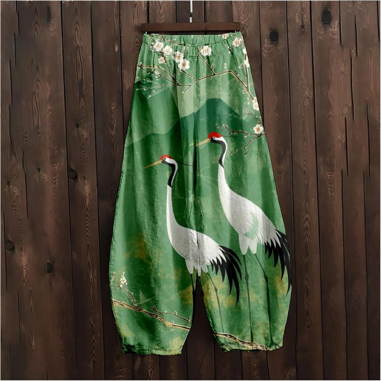 HOTYD Wide Leg Lantern Pants for Women Boho Floral Printed Low Rise Casual Pants Elastic Waist Baggy Trousers with Pockets