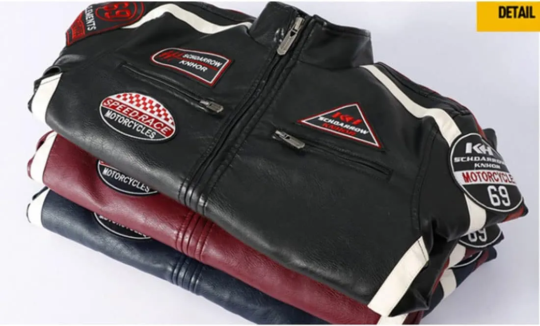 HZCX FASHION Mens Faux Leather Flight Bomber Jackets Motorcycle Badge Pu Jacket