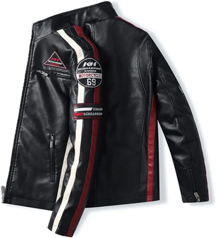 HZCX FASHION Mens Faux Leather Flight Bomber Jackets Motorcycle Badge Pu Jacket