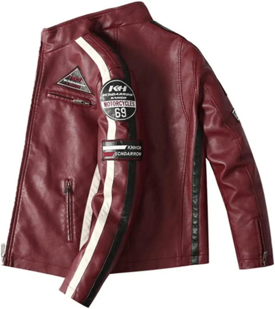 HZCX FASHION Mens Faux Leather Flight Bomber Jackets Motorcycle Badge Pu Jacket