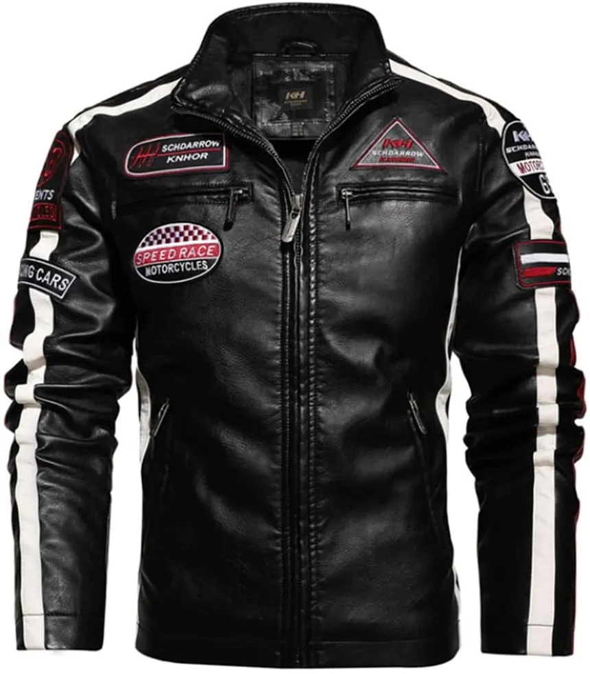 HZCX FASHION Mens Faux Leather Flight Bomber Jackets Motorcycle Badge Pu Jacket