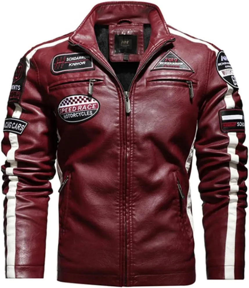 HZCX FASHION Mens Faux Leather Flight Bomber Jackets Motorcycle Badge Pu Jacket