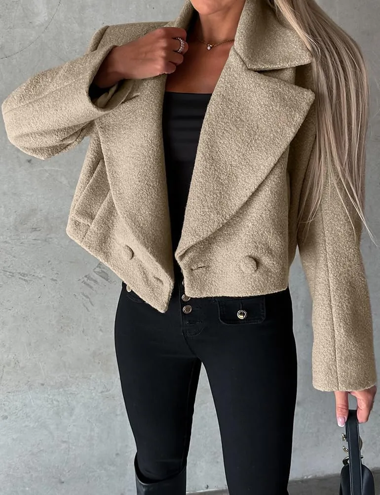 IDEALSANXUN Cropped Trench Coat for Women Fall Winter Double Breasted Blazer Jackets Short Pea Coat