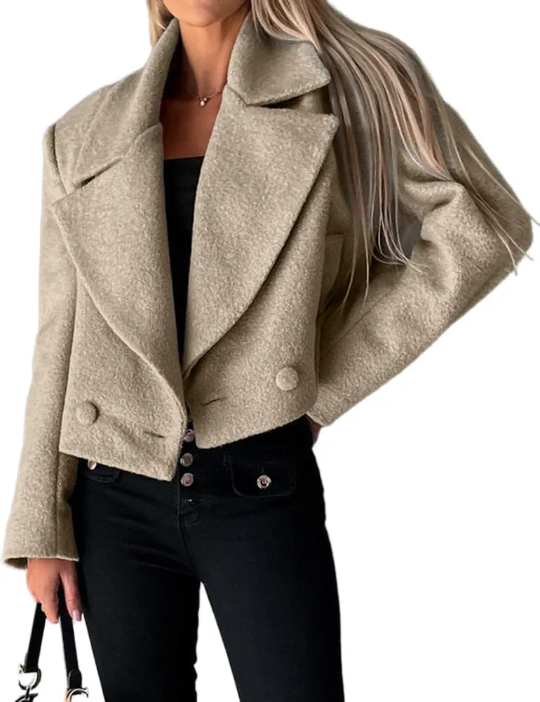 IDEALSANXUN Cropped Trench Coat for Women Fall Winter Double Breasted Blazer Jackets Short Pea Coat