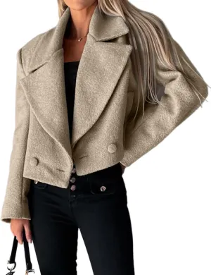 IDEALSANXUN Cropped Trench Coat for Women Fall Winter Double Breasted Blazer Jackets Short Pea Coat