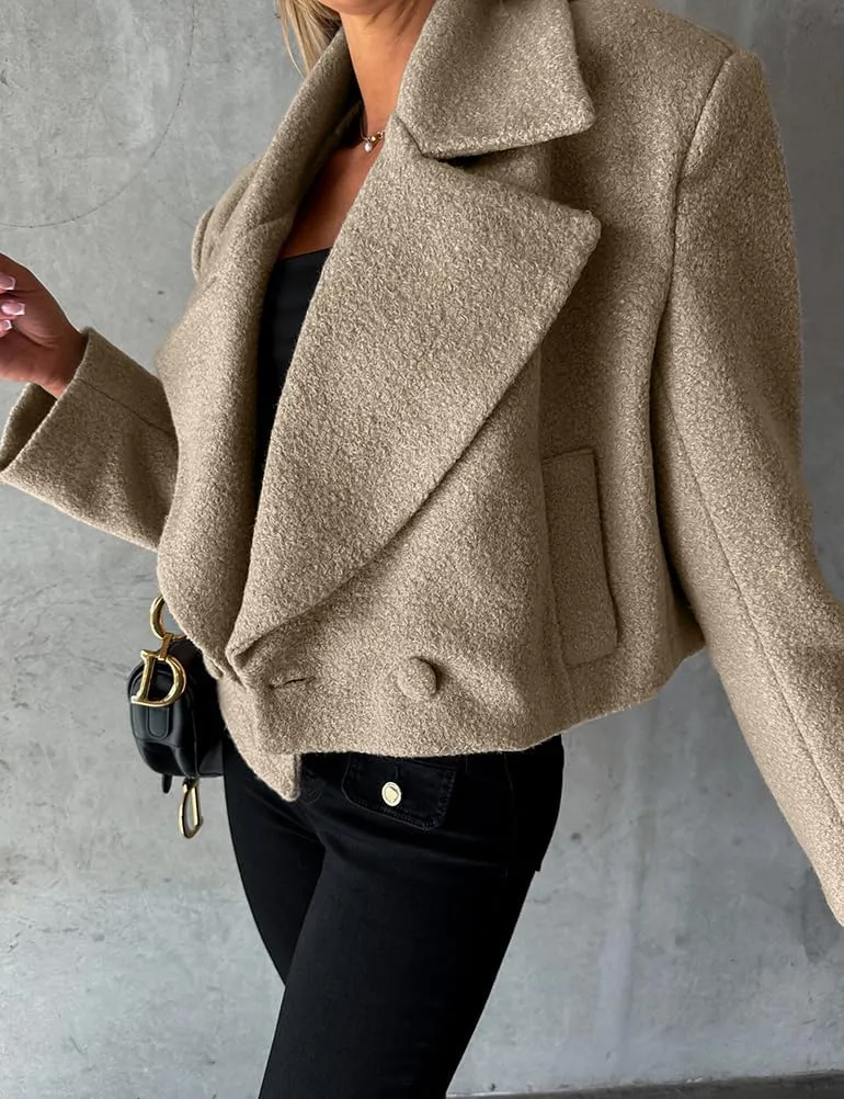 IDEALSANXUN Cropped Trench Coat for Women Fall Winter Double Breasted Blazer Jackets Short Pea Coat