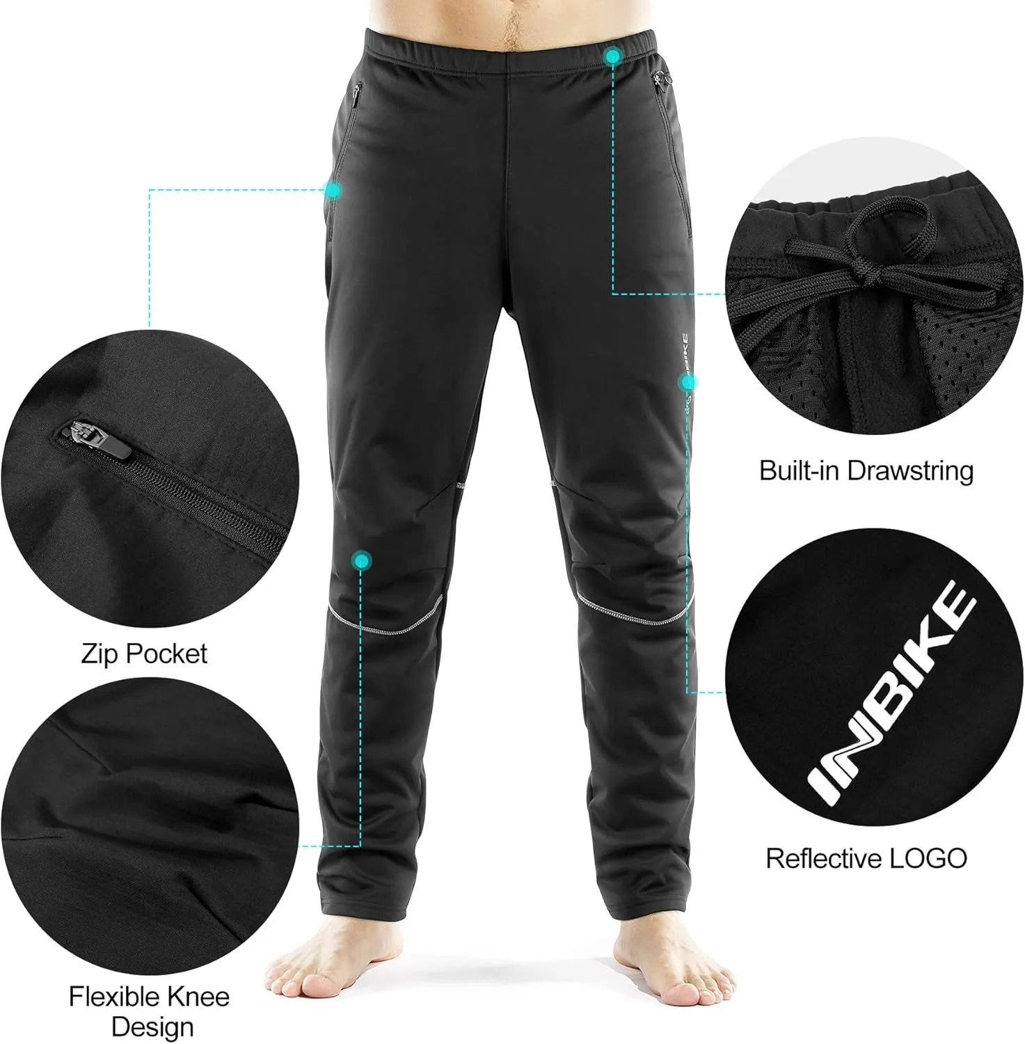 INBIKE Cycling Pants for Men Mountain Bike MTB Bicycle Running Windbreaker with Thermal Fleece Lined Winter
