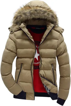 JITUUE Down Jacket Men Winter Snow Puffer Coats Fur Hooded Thick Cotton-Padded Quilted Casual Warm Outwear Down Jacket