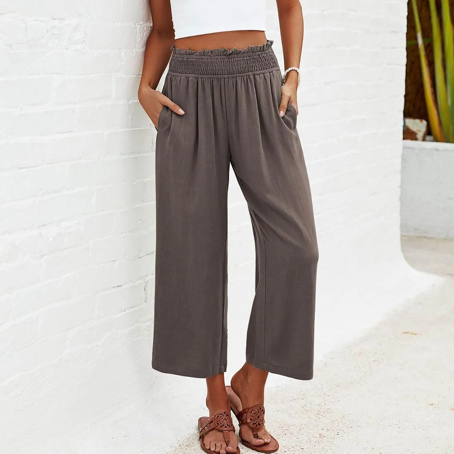 JOAU Womens Linen Pants Smocked Elastic High Waist Wide Leg Capris Pants Summer Casual Loose Beach Crop Trousers with Pockets