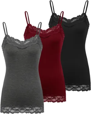 Kate Kasin Women's Adjustable Spaghetti Strap Lace Trim Cami Tunic Tank Top 3PACK