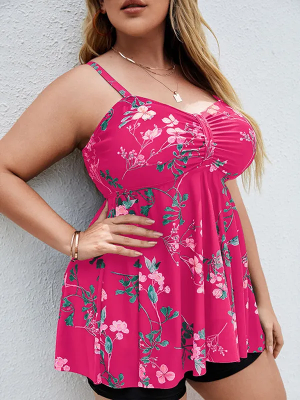 Ladies Plus Size - Printed Split Boxer Swimsuit Dress and Shorts Set