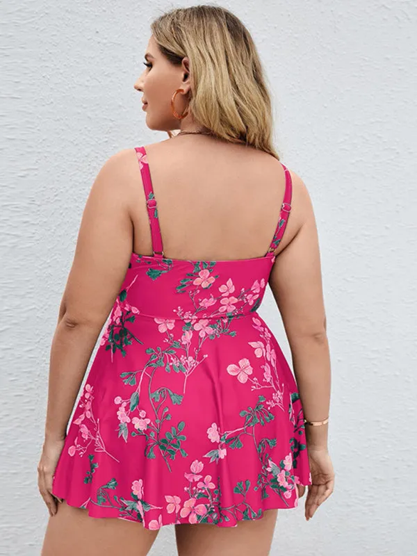 Ladies Plus Size - Printed Split Boxer Swimsuit Dress and Shorts Set