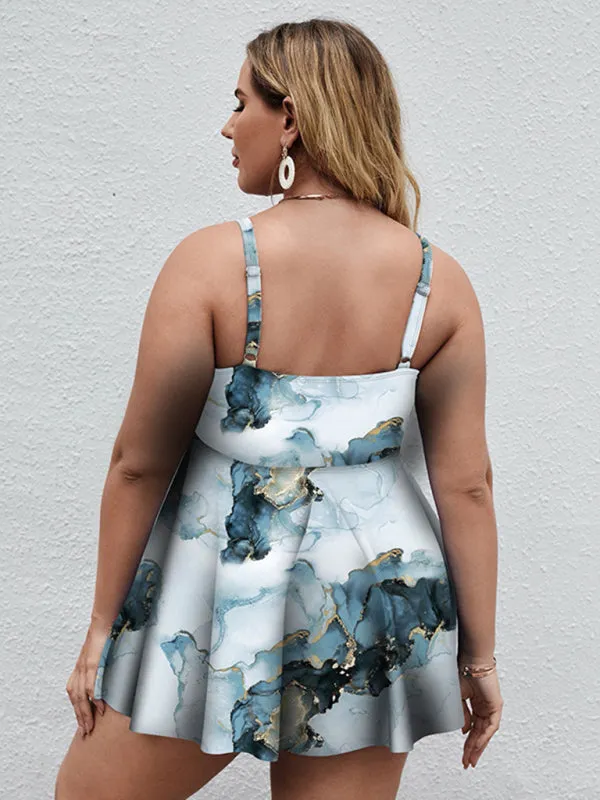 Ladies Plus Size - Printed Split Boxer Swimsuit Dress and Shorts Set