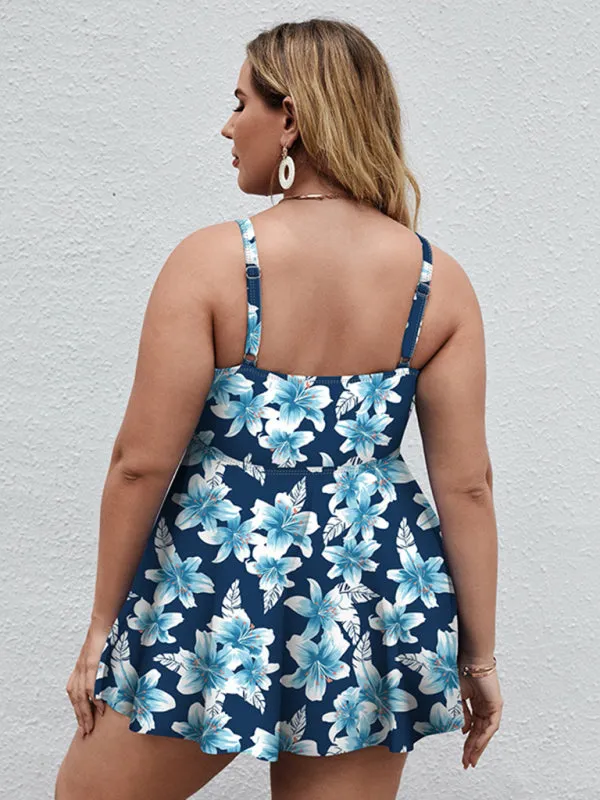Ladies Plus Size - Printed Split Boxer Swimsuit Dress and Shorts Set