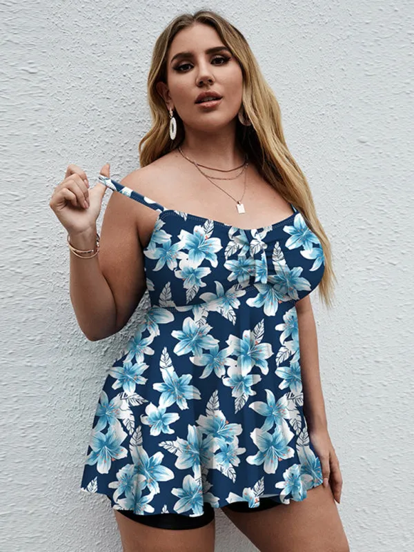 Ladies Plus Size - Printed Split Boxer Swimsuit Dress and Shorts Set