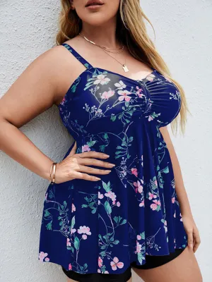 Ladies Plus Size - Printed Split Boxer Swimsuit Dress and Shorts Set