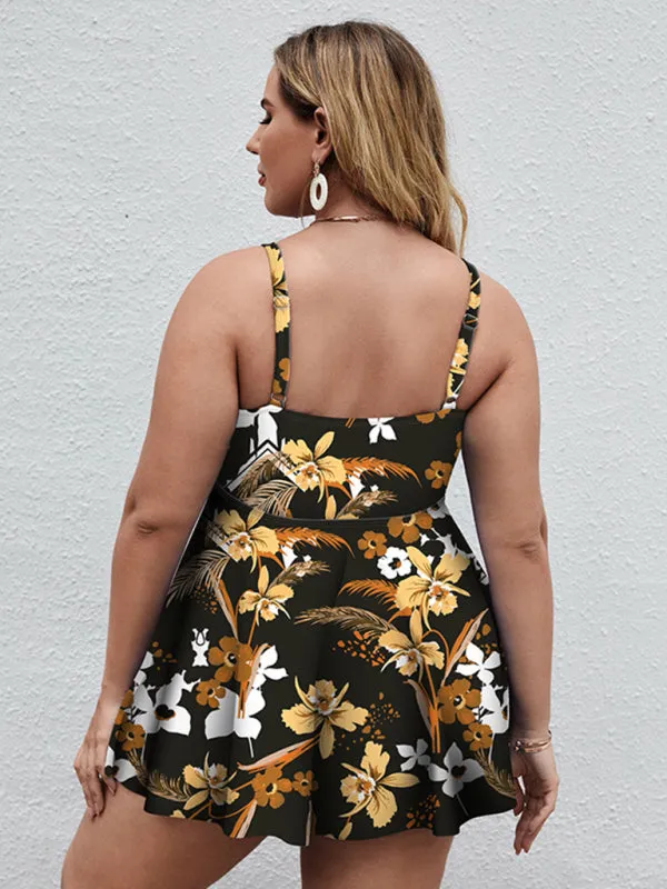 Ladies Plus Size - Printed Split Boxer Swimsuit Dress and Shorts Set