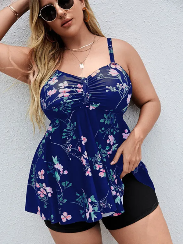 Ladies Plus Size - Printed Split Boxer Swimsuit Dress and Shorts Set