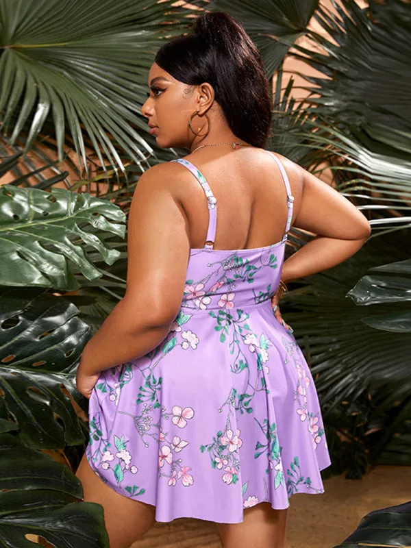 Ladies Plus Size - Printed Split Boxer Swimsuit Dress and Shorts Set