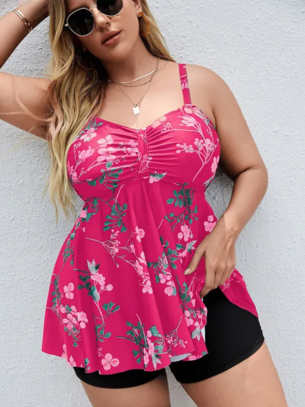Ladies Plus Size - Printed Split Boxer Swimsuit Dress and Shorts Set