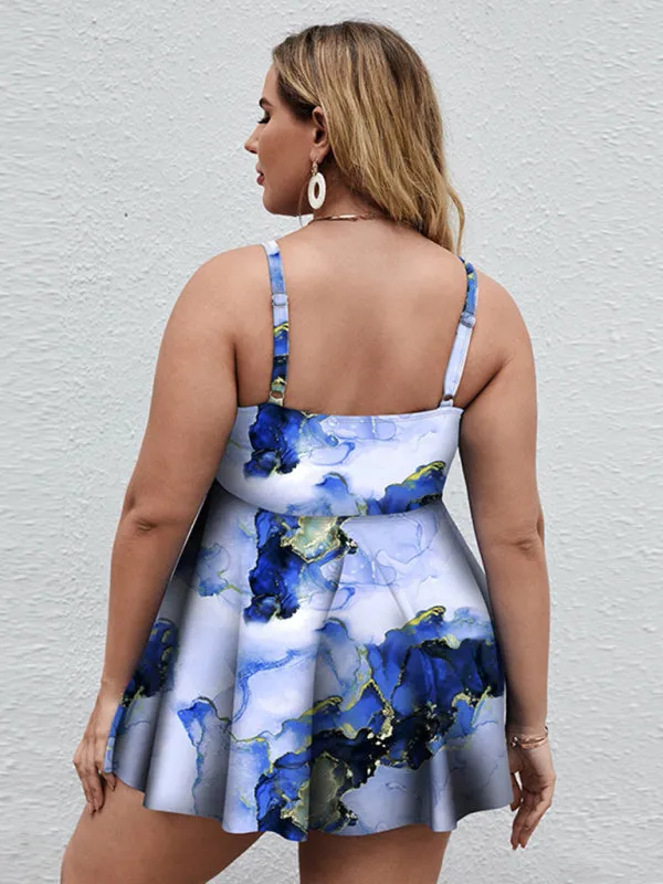 Ladies Plus Size - Printed Split Boxer Swimsuit Dress and Shorts Set