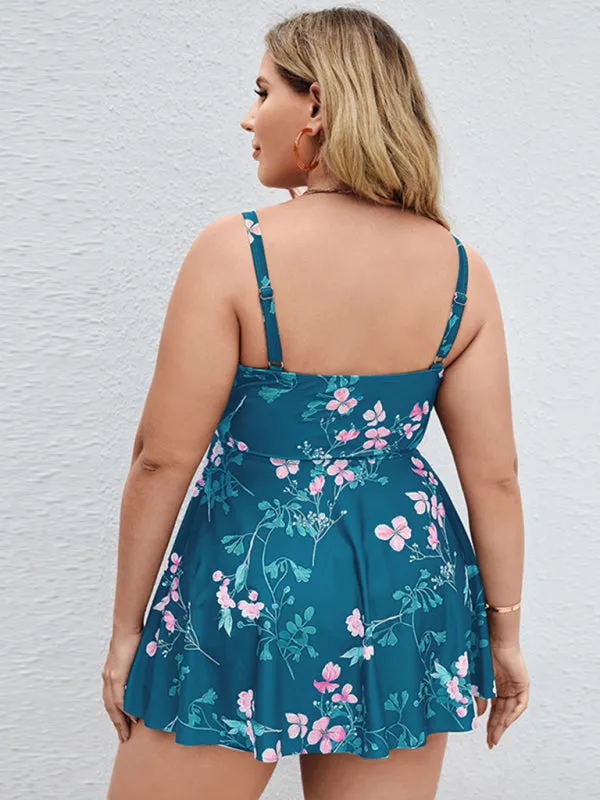Ladies Plus Size - Printed Split Boxer Swimsuit Dress and Shorts Set