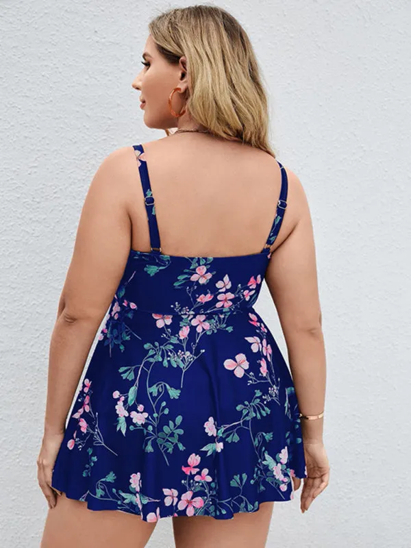 Ladies Plus Size - Printed Split Boxer Swimsuit Dress and Shorts Set