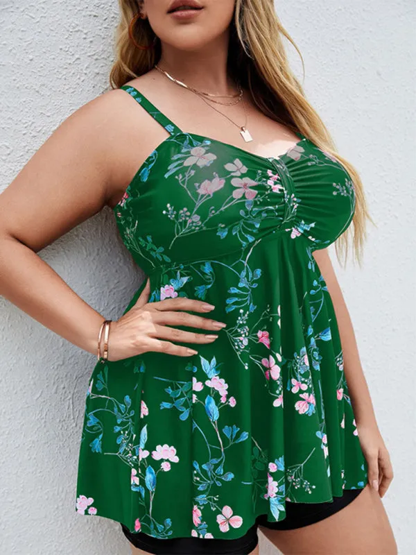 Ladies Plus Size - Printed Split Boxer Swimsuit Dress and Shorts Set