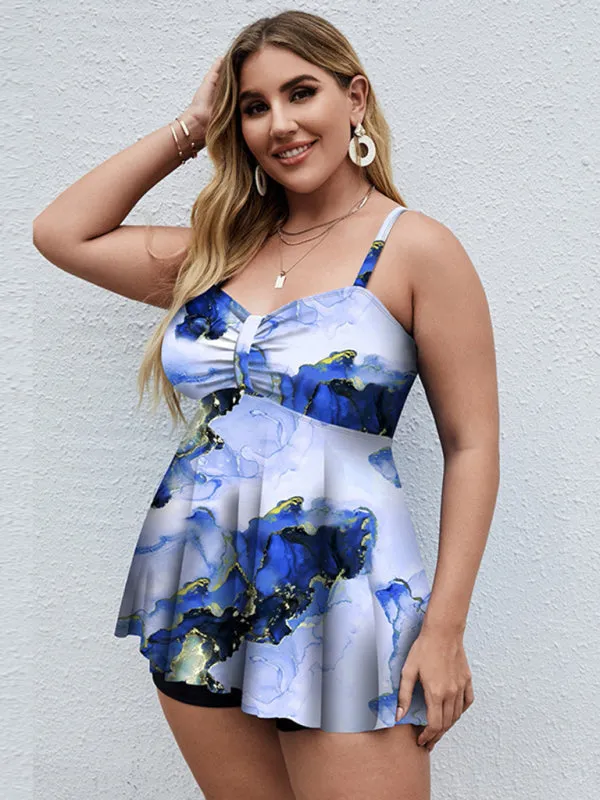 Ladies Plus Size - Printed Split Boxer Swimsuit Dress and Shorts Set