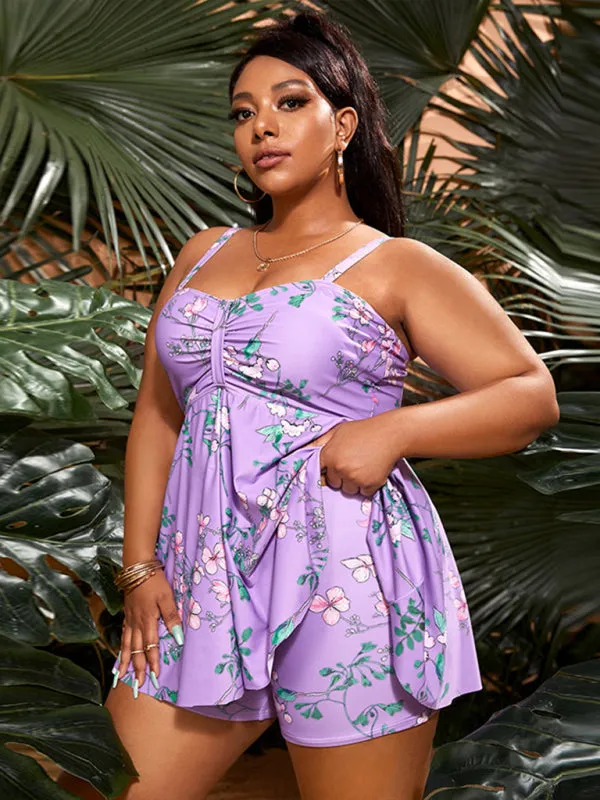 Ladies Plus Size - Printed Split Boxer Swimsuit Dress and Shorts Set