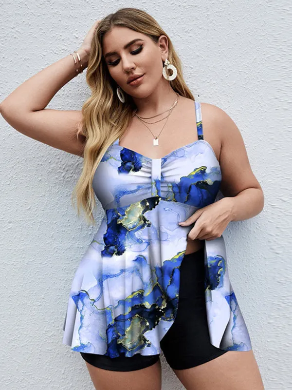 Ladies Plus Size - Printed Split Boxer Swimsuit Dress and Shorts Set