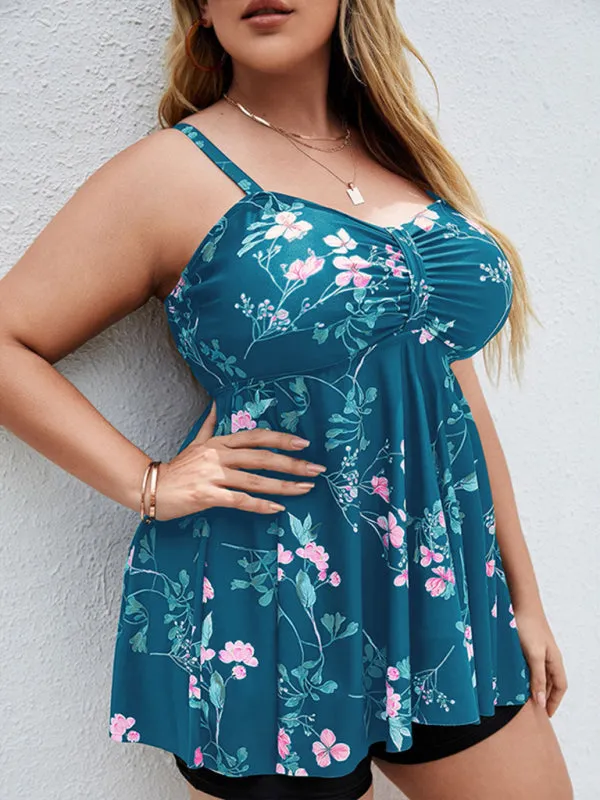 Ladies Plus Size - Printed Split Boxer Swimsuit Dress and Shorts Set