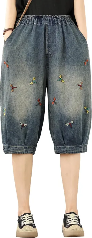 LAI MENG FIVE CATS Women Embroidery Loose Jeans Denim Harem Pants Elastic Waist Pocket