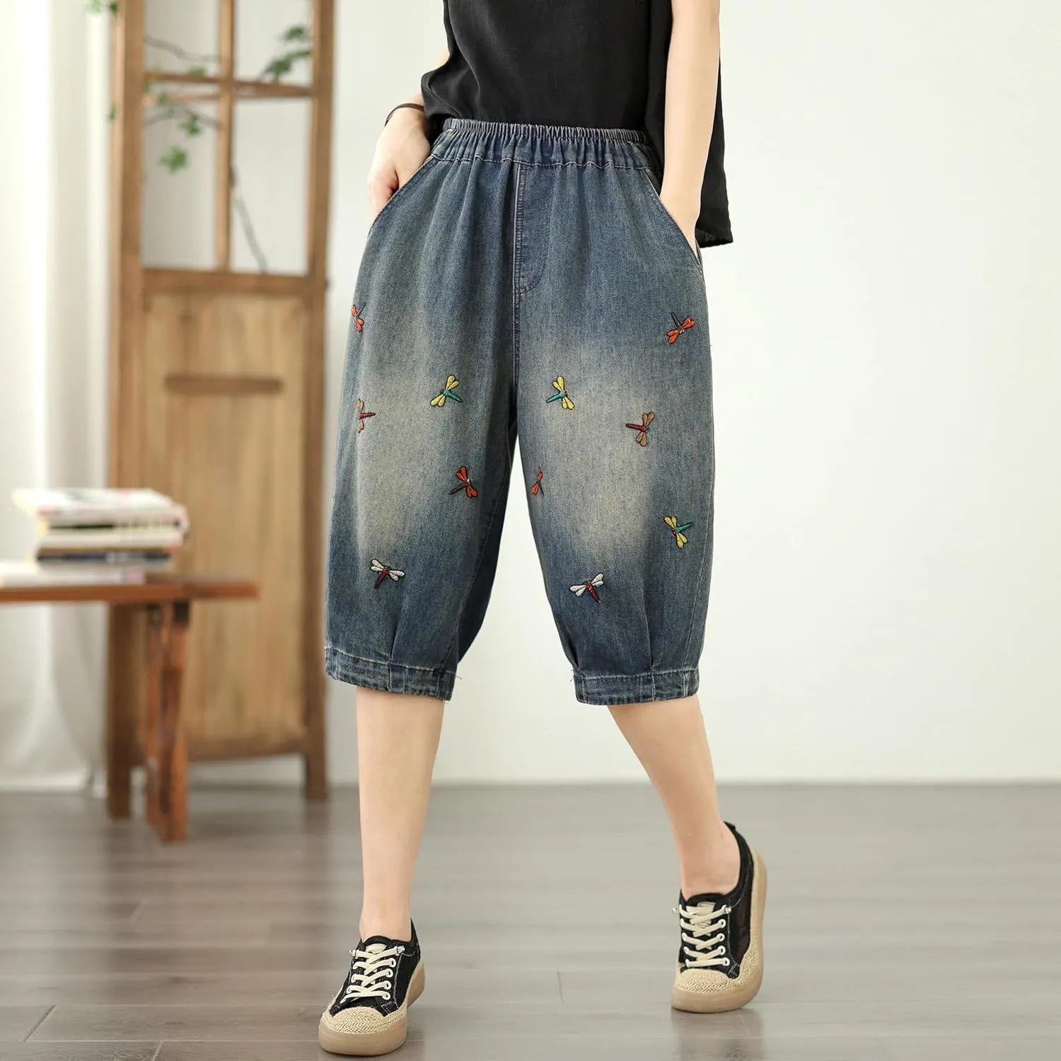 LAI MENG FIVE CATS Women Embroidery Loose Jeans Denim Harem Pants Elastic Waist Pocket