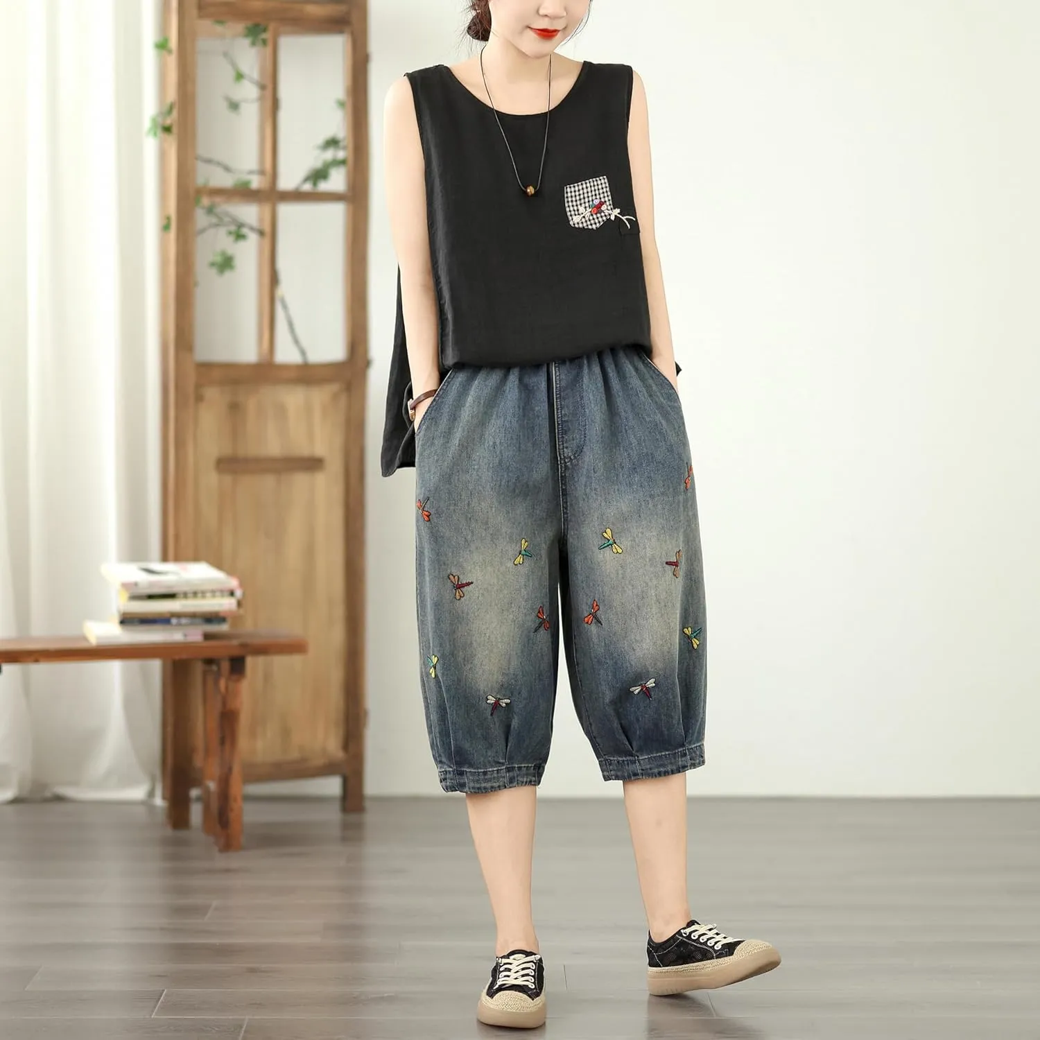 LAI MENG FIVE CATS Women Embroidery Loose Jeans Denim Harem Pants Elastic Waist Pocket