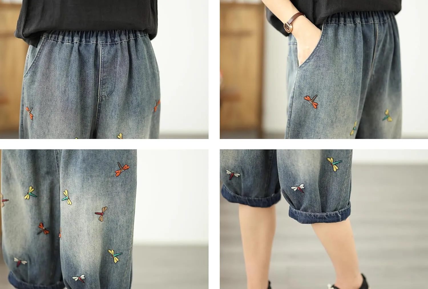 LAI MENG FIVE CATS Women Embroidery Loose Jeans Denim Harem Pants Elastic Waist Pocket