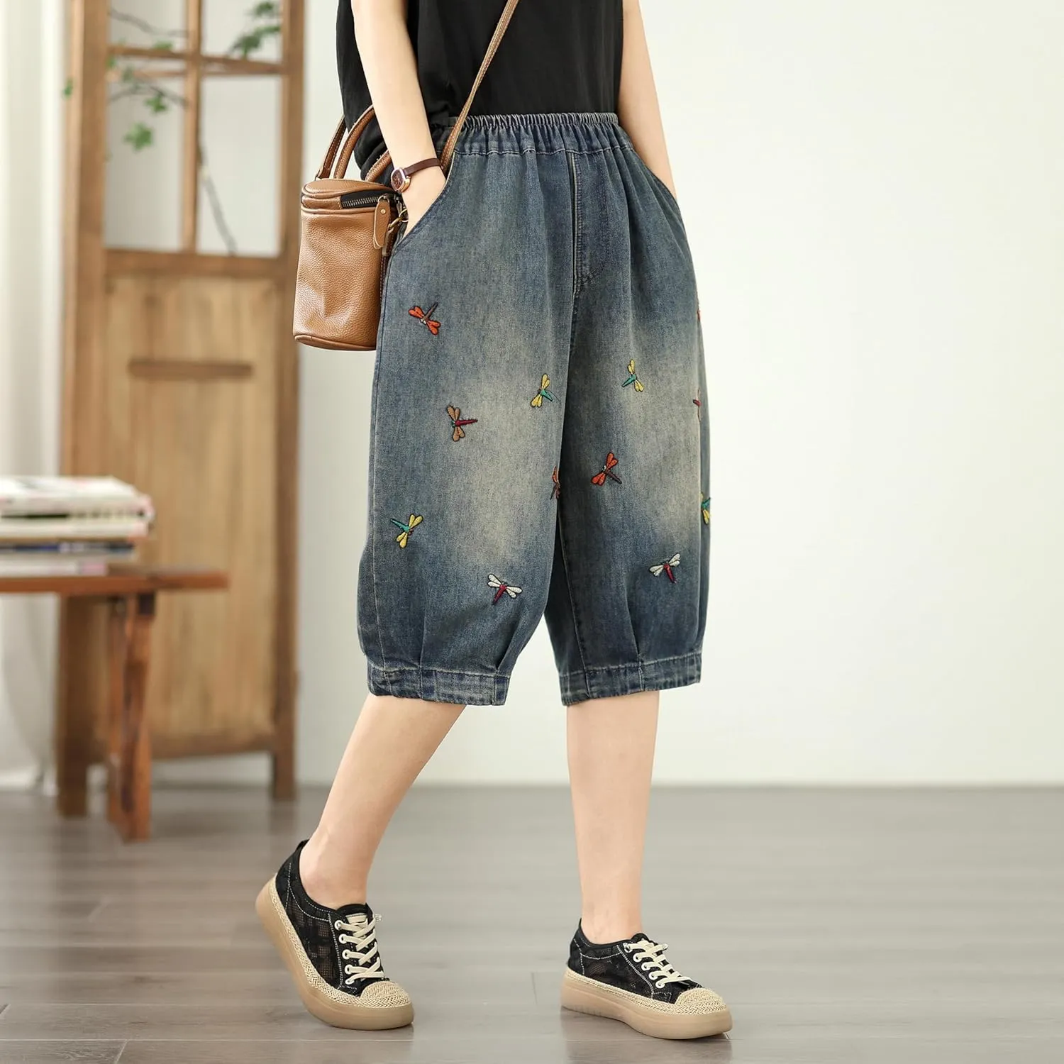 LAI MENG FIVE CATS Women Embroidery Loose Jeans Denim Harem Pants Elastic Waist Pocket