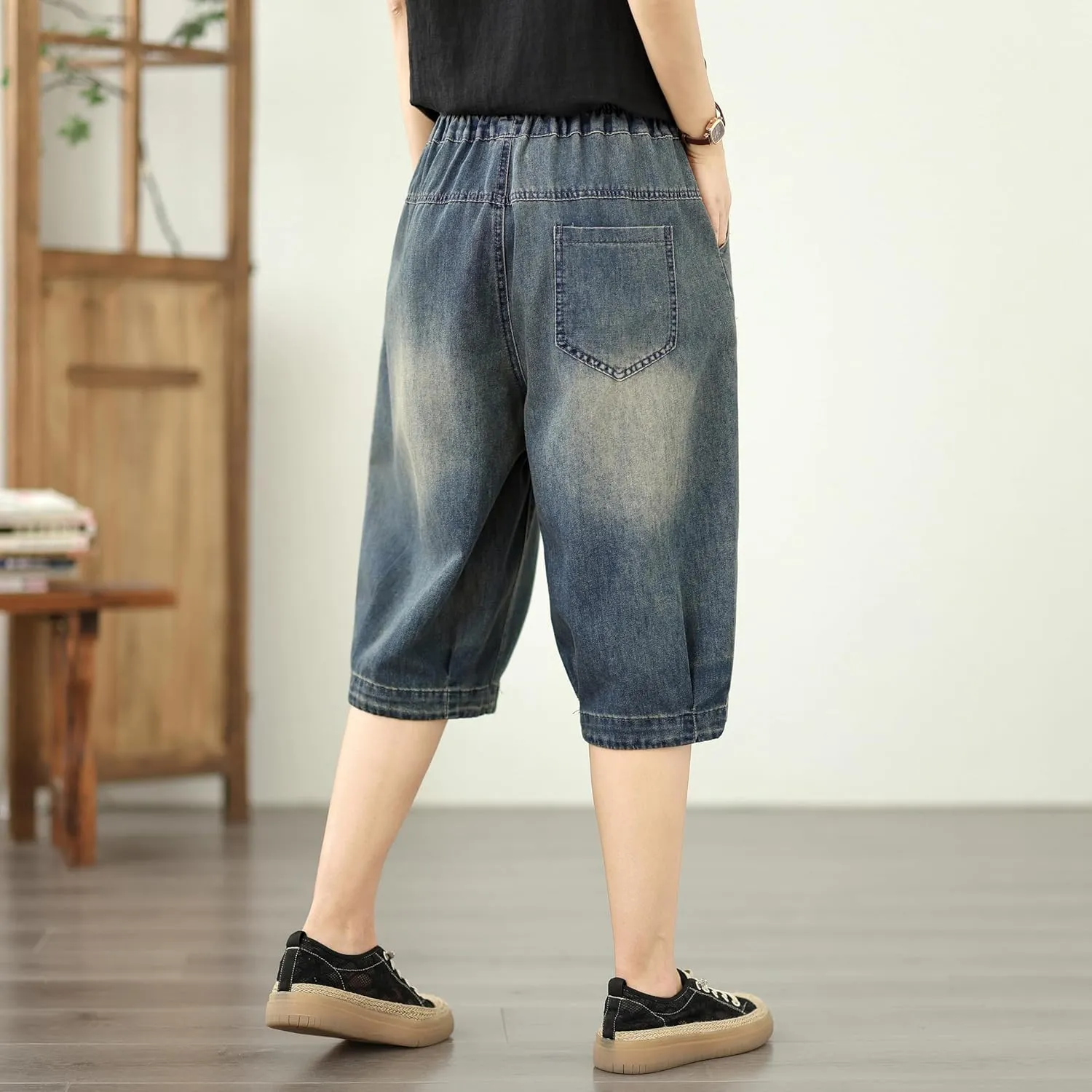 LAI MENG FIVE CATS Women Embroidery Loose Jeans Denim Harem Pants Elastic Waist Pocket
