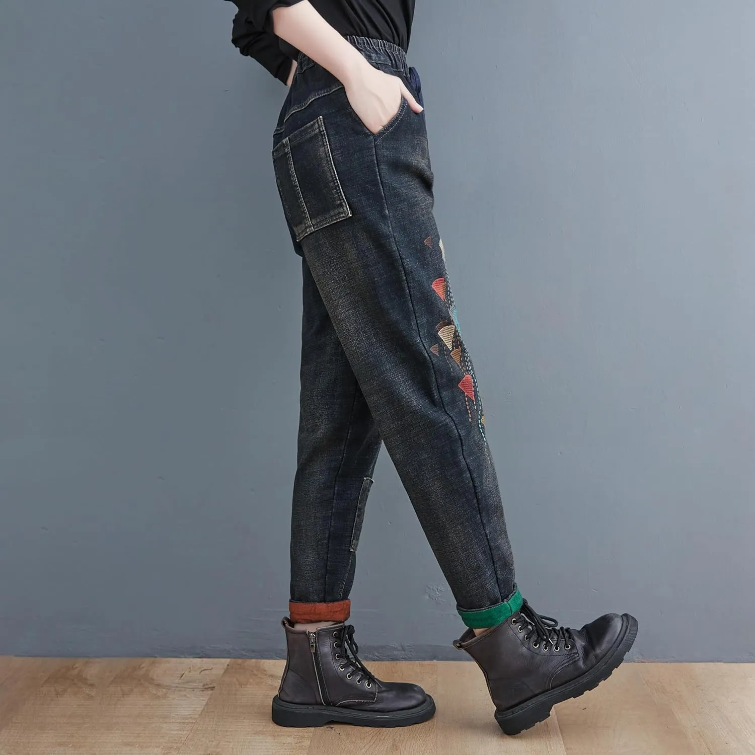 LAI MENG FIVE CATS Women Loose Jeans Denim Harem Pants with Elastic Waist with Pocket