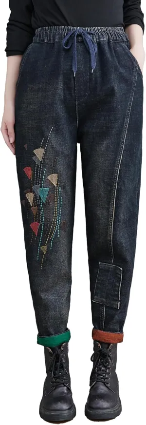 LAI MENG FIVE CATS Women Loose Jeans Denim Harem Pants with Elastic Waist with Pocket