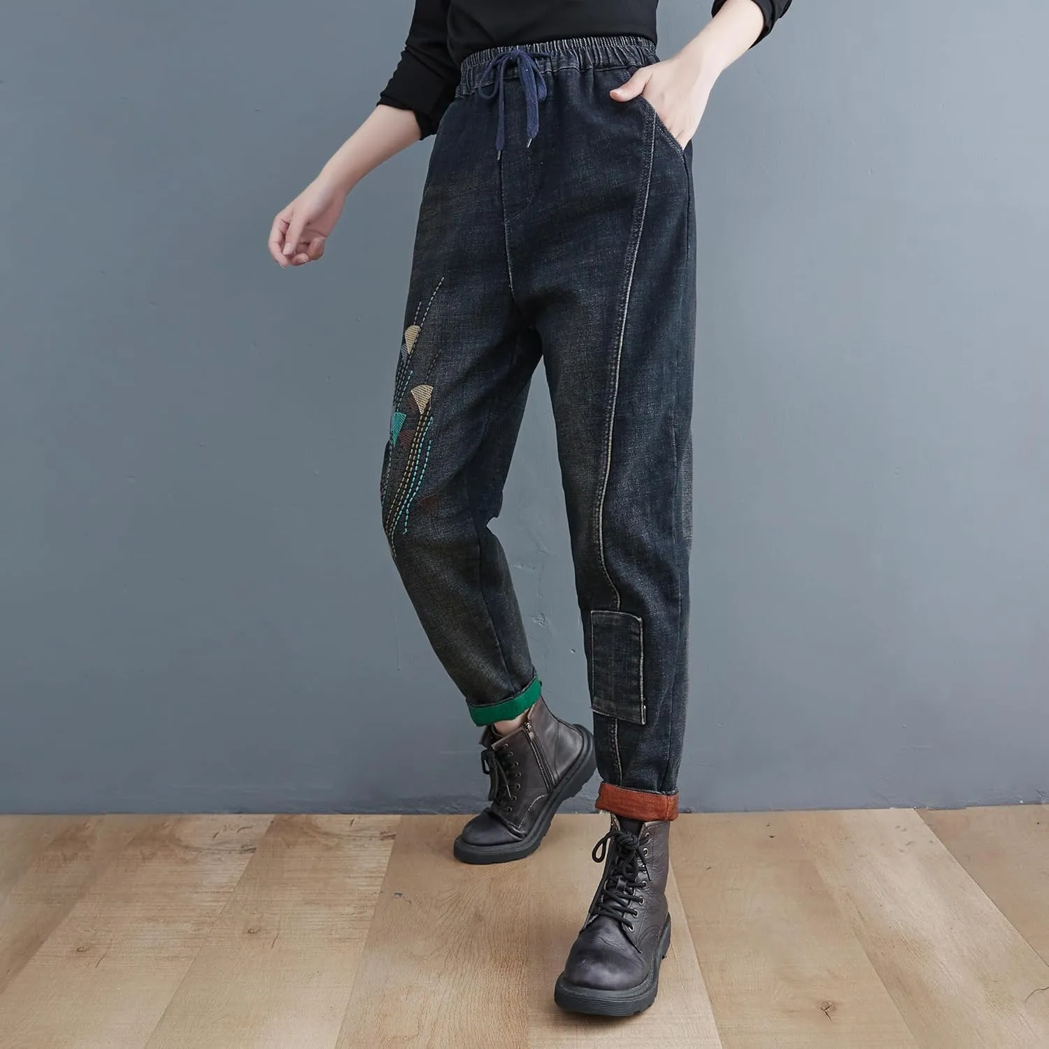 LAI MENG FIVE CATS Women Loose Jeans Denim Harem Pants with Elastic Waist with Pocket