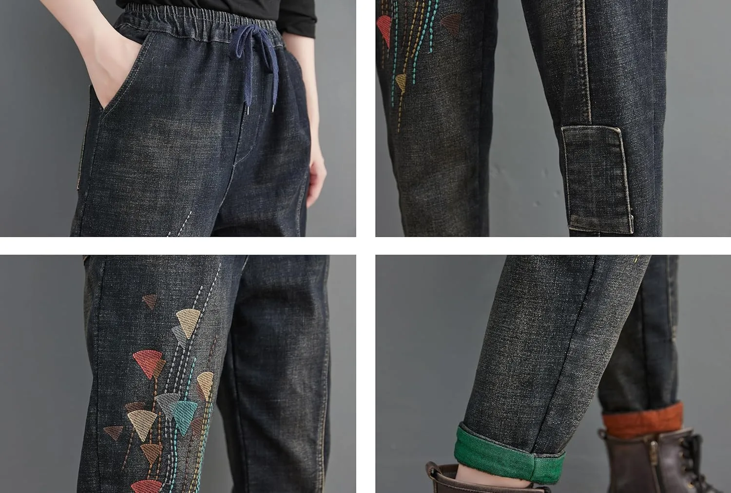 LAI MENG FIVE CATS Women Loose Jeans Denim Harem Pants with Elastic Waist with Pocket