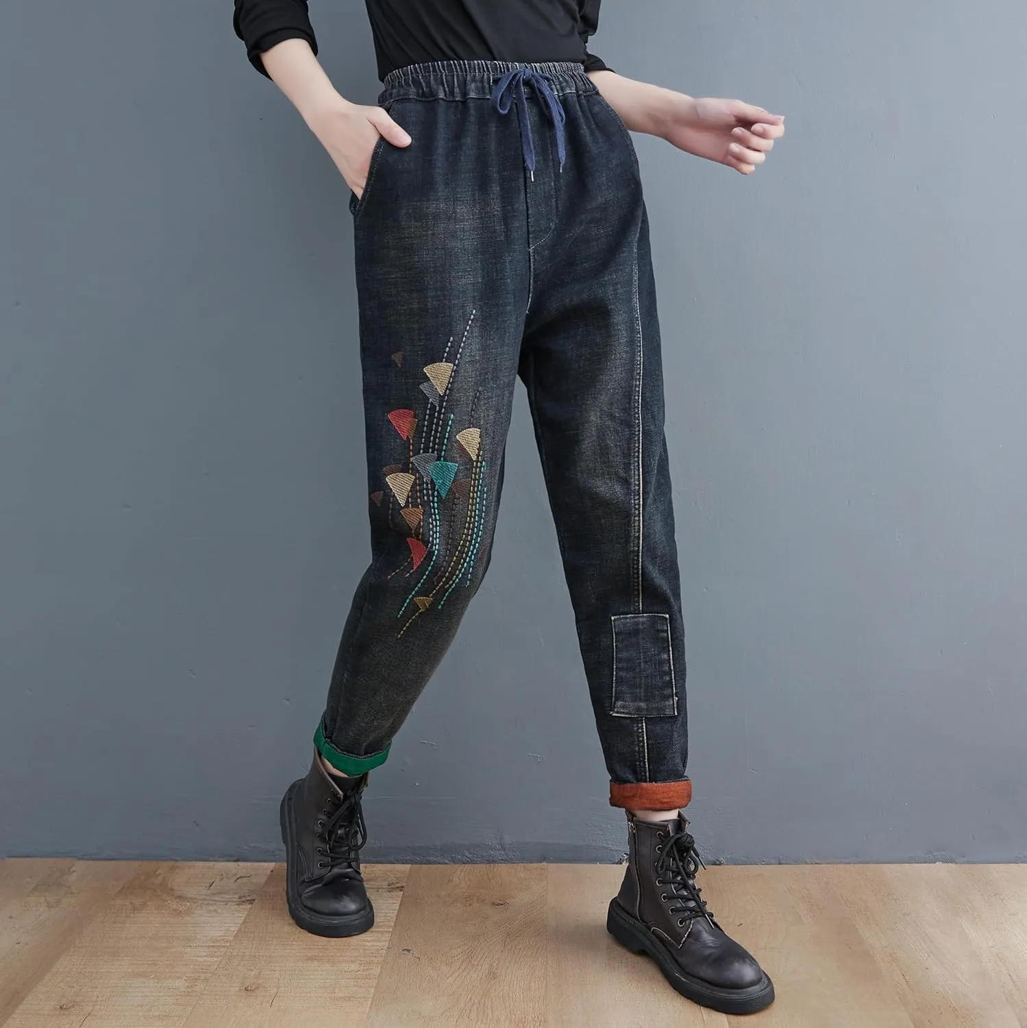 LAI MENG FIVE CATS Women Loose Jeans Denim Harem Pants with Elastic Waist with Pocket